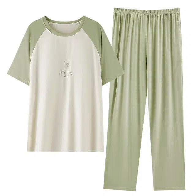 莫代尔 舒适柔软亲肤细腻圆领套头轻盈透气清新个性时尚百搭短袖长裤带胸垫防凸点家居服可外穿睡衣套装 女款