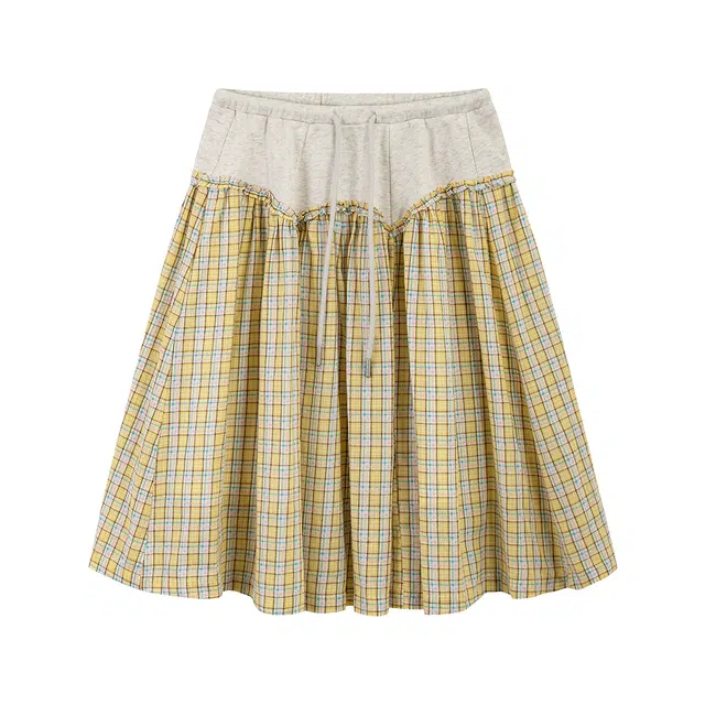 江南先生 美式复古荷叶边拼接格子百搭休闲长裙 女款