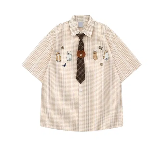 怪力萝莉 复古卡通小猫刺绣格子短袖衬衫女夏季宽松休闲半袖衬衣 女款
