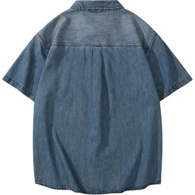 巴塞罗那足球俱乐部 水洗牛仔美式复古宽松潮牌复古做旧短袖衬衫 男女同款 蓝色