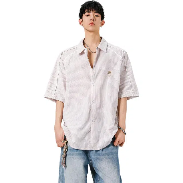 法文箱子 美式条纹宽松百搭休闲潮流短袖衬衫 男款