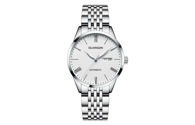 冠琴 潮流商务时尚休闲男士手表 自动机械机芯 精钢表带 国表 男表 白色表盘 双日历防水夜光腕表