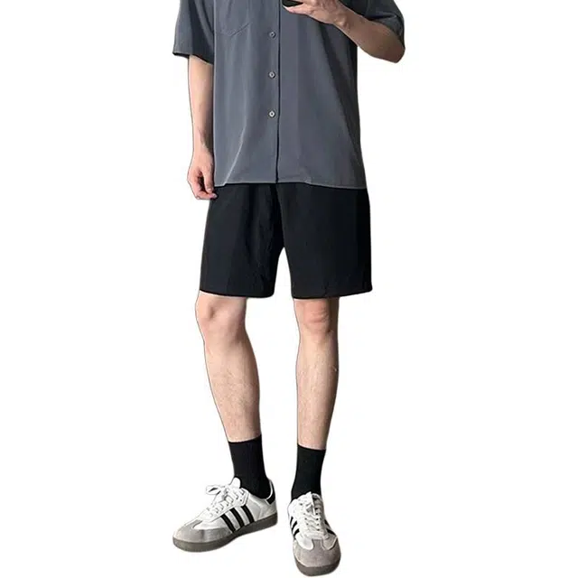 单爵 纯色美式复古尼龙速干男款系带五分休闲短裤 男女同款