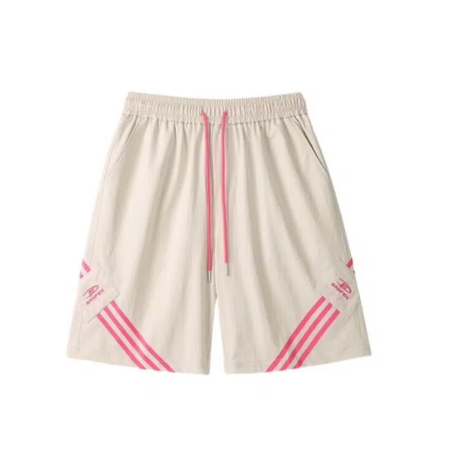 加荣 纯色条纹速干运动薄款外穿中裤子宽松大码美式三条杠运动男宽松沙滩裤系带五分裤休闲短裤 男女同款