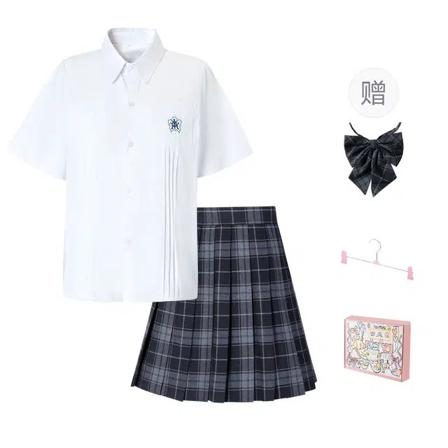 日暮星河 学院风格子百褶裙短袖上衣两件套衬衫套装 女款