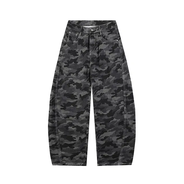 潮人榜 夏季美式高街宽松直筒工装迷彩嘻哈风拼接潮流休闲百搭弯刀长裤牛仔裤 男女同款