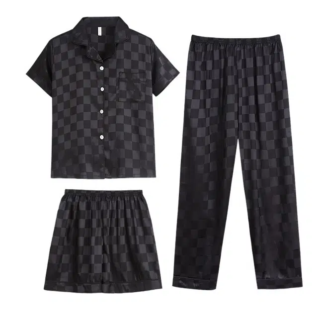 向薇 三件套凉感格子休闲宽松开衫短裤长裤居家服睡衣套装 男款