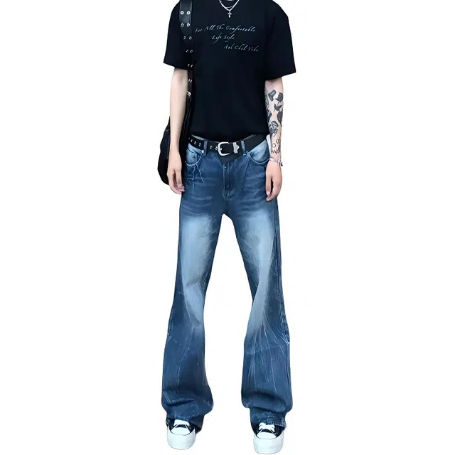单爵 美式高街扎花闪电裂纹薄款水洗直筒裤子牛仔裤 男女同款
