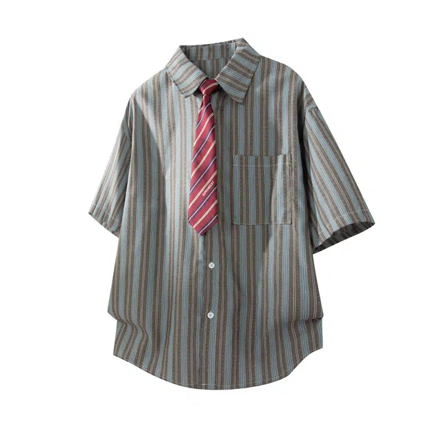 吾皇猫 美式潮牌竖条纹撞色小领带装饰设计翻领小口袋时尚慵懒宽松百搭薄款短袖衬衫 男女同款