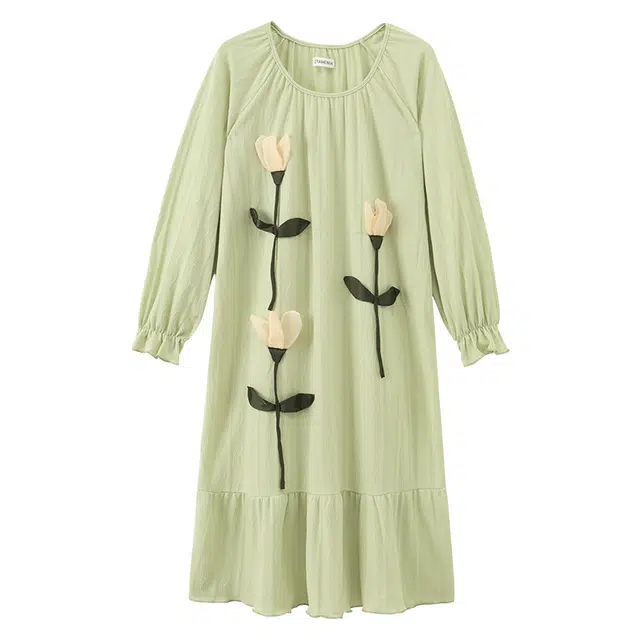 顶瓜瓜 简约长袖大花甜美可爱家居服可外穿睡裙 女款