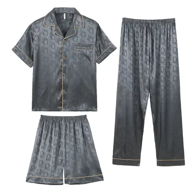 向薇 薄款凉感休闲时尚字母开衫三件套短袖长裤居家服睡衣套装 男款