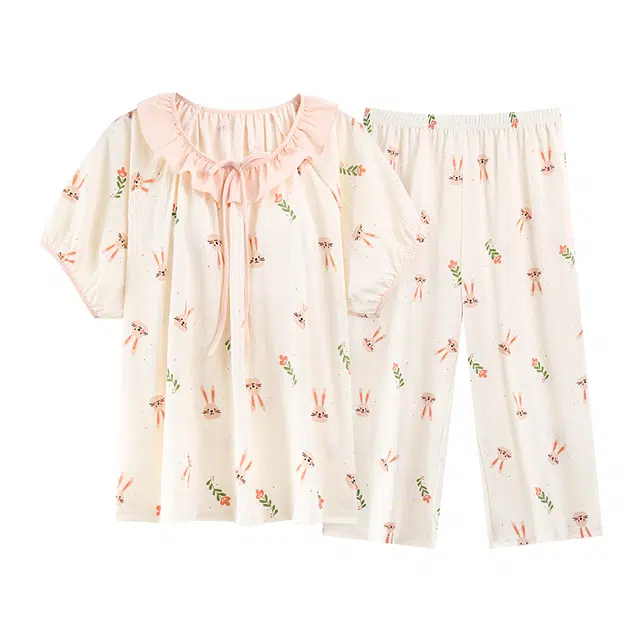 好福份 软绵绵系列 带胸垫时尚透气短袖七分裤简约家居服夏季睡衣套装 女款