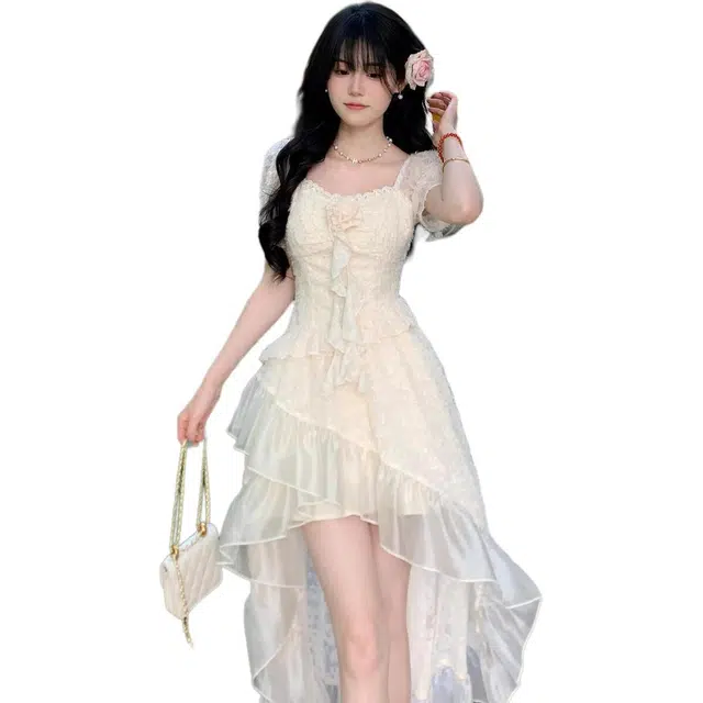 水中花 优雅甜美气质减龄花朵雪花绒拼接设计感裙摆短袖连衣裙 女款