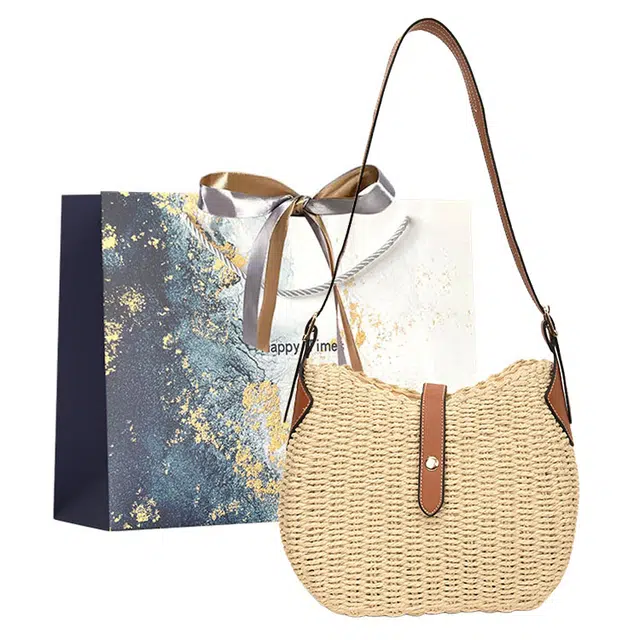 伊曼家 时尚简约百搭出游度假 草编 单肩包 女款 米白色/卡其色