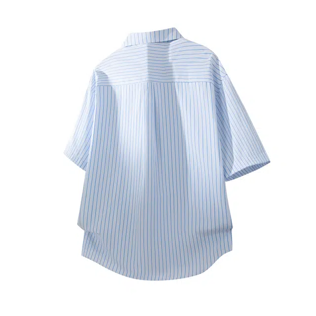 吾皇猫 日系学院风小清新竖条纹高级感设计时尚痞帅百搭休闲宽松翻领纽扣短袖衬衫 男女同款