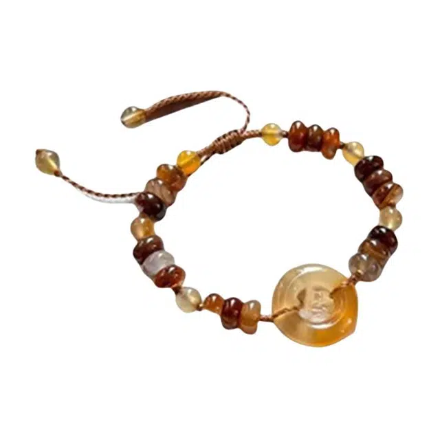 湘喜 新中式复古棕色平安扣手饰国风精致高颜值 玻璃编绳 手链 男女同款情侣款