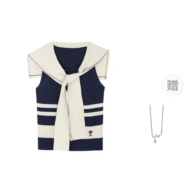识恩 海军领条纹法式减龄学院风无袖背心修身上衣针织衫 女款