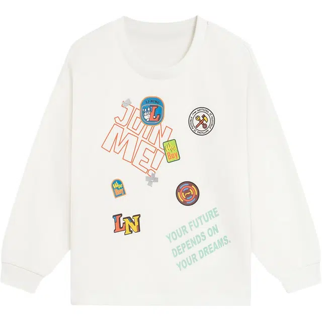 李宁儿童 童装 运动生活系列 字母图案印花宽松圆领套头卫衣 男童 乳白色