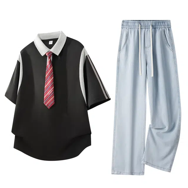 吾皇猫 美式学院风拼接撞色条纹短袖上衣高级感百搭时尚潮流长裤休闲运动套装 男女同款