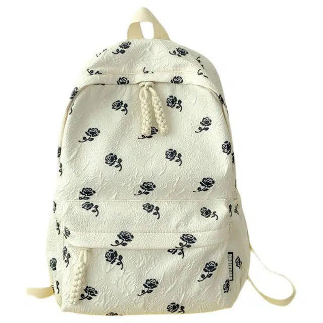 南潇湘 印花轻便简约大容量耐磨背包初中生高中生大学生上课百搭书包 尼龙 双肩包 男女同款情侣款 米白色/粉红色/浅蓝色/浅绿色/黑色