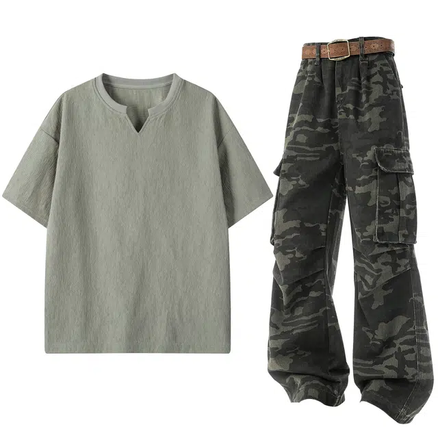 梓润格 美式街头时尚潮流简约短袖上衣百搭舒适长裤休闲运动套装 男女同款