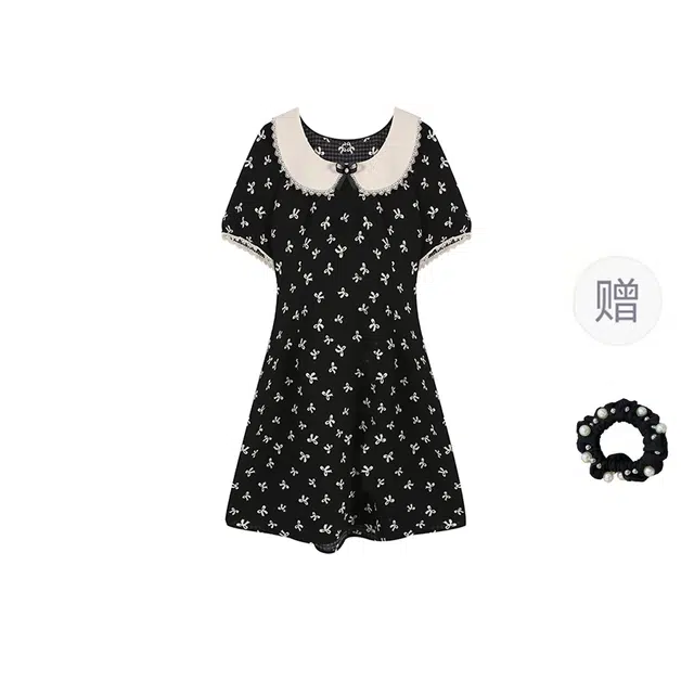 雾闪闪 大码法式甜美娃娃领显瘦蝴蝶结设计感蕾丝花边短袖连衣裙 女款