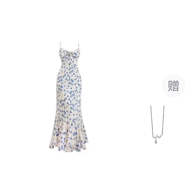 识恩 法式气质蝴蝶碎花女夏收腰包臀度假长裙吊带连衣裙 女款