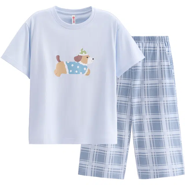 芬腾 薄款短袖七分裤纯棉加大码外穿家居服睡衣套装 女款