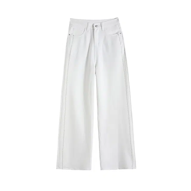 拾籍 美式高街宽松显瘦抗皱垂坠弹力阔腿裤女夏季纯白绣花时尚百搭休闲拖地牛仔裤 女款
