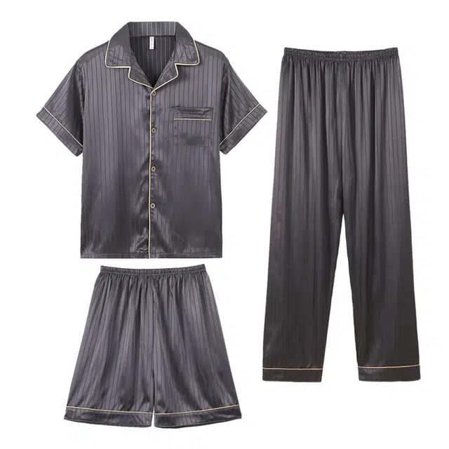 向薇 三件套凉感条纹休闲时尚短袖家居服可外穿睡衣套装 男款