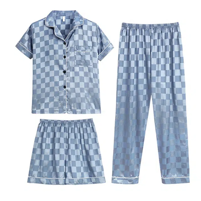 向薇 三件套短袖长裤冰丝时尚格子开衫短裤可外穿居家服睡衣套装 男款