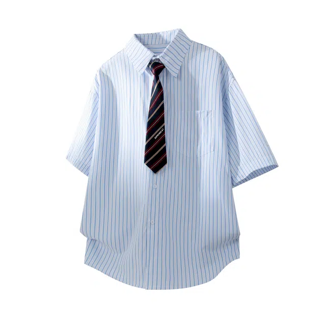 吾皇猫 日系学院风小清新竖条纹高级感设计时尚痞帅百搭休闲宽松翻领纽扣短袖衬衫 男女同款