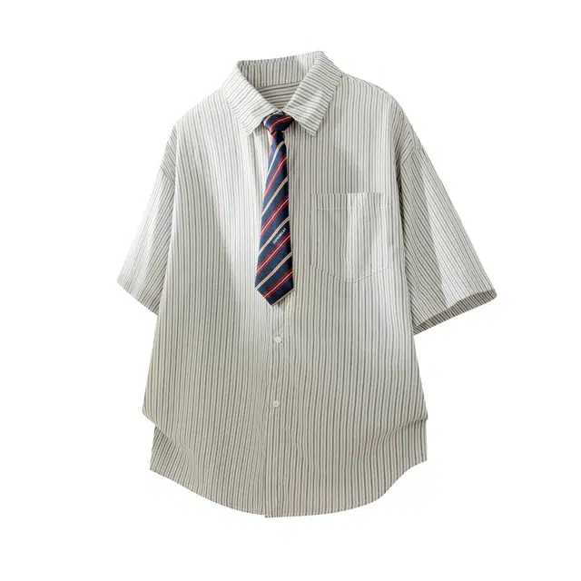 吾皇猫 美式学院风条纹撞色领带时尚百搭翻领单排扣开衫休闲日常通勤短袖衬衫 男女同款