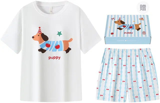 宫蝶 腊肠狗短袖纯棉卡通家居服休闲可外穿舒适甜美风三分裤夏季睡衣套装 女款 礼盒装
