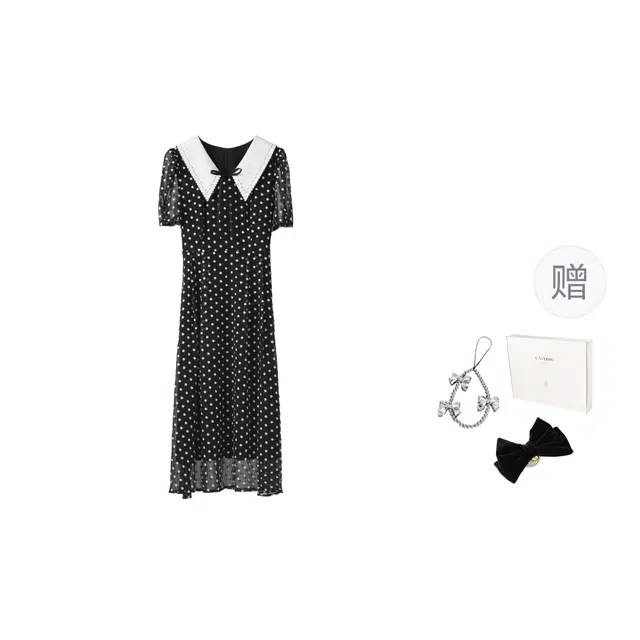 法儿家 茉莉胶片夏季韩系温婉风穿搭时尚波点短袖连衣裙 女款