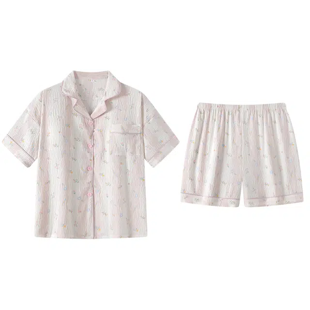好福份 薄款植物花卉印花甜美风休闲家居服短袖三分裤夏季睡衣套装 女款