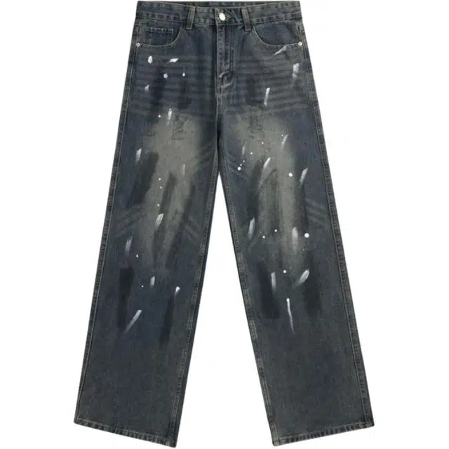 宝米卡 潮牌宽松涂鸦直筒裤高街复古怀旧拖地牛仔裤 男女同款