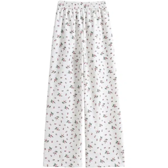 木清清 复古韩系碎花窄版阔腿裤女松紧高腰宽松显瘦拖地长裤子休闲裤 女款