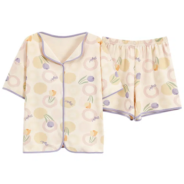 好福份 带胸垫清新透气亲肤家居服短袖三分裤夏季睡衣套装 女款