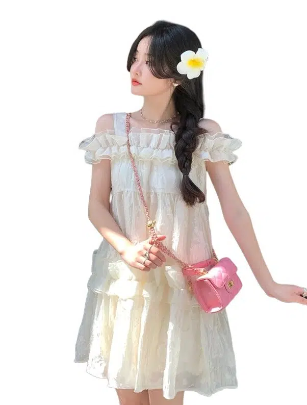 水中花 法式甜美小个子短裙花朵设计感小众一字肩初恋感茶歇蓬蓬裙吊带连衣裙 女款