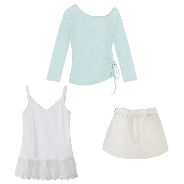 敲模女孩 纯欲风辣妹性感斜肩针织防晒罩衫蕾丝内搭吊带高腰纯色短裙裙装套装 女款