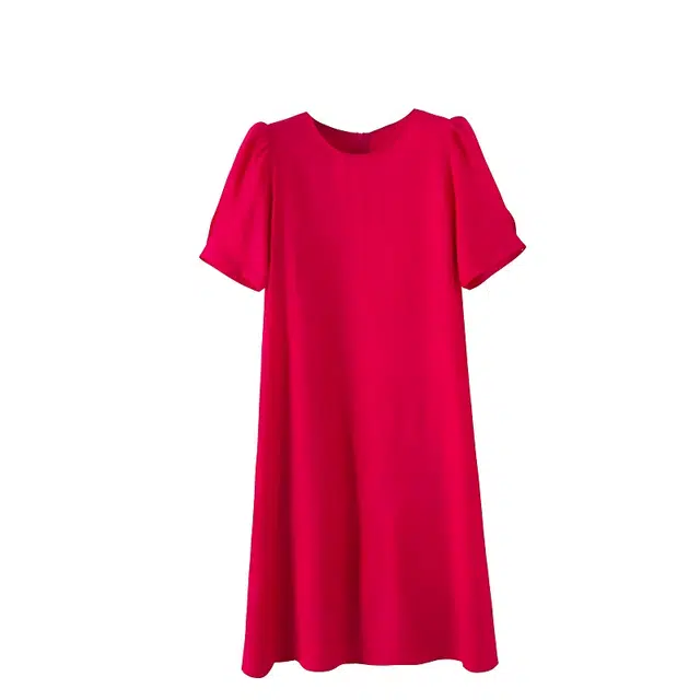 晚白 肩部收褶隐藏拉链设计有口袋直筒版型短袖连衣裙 女款