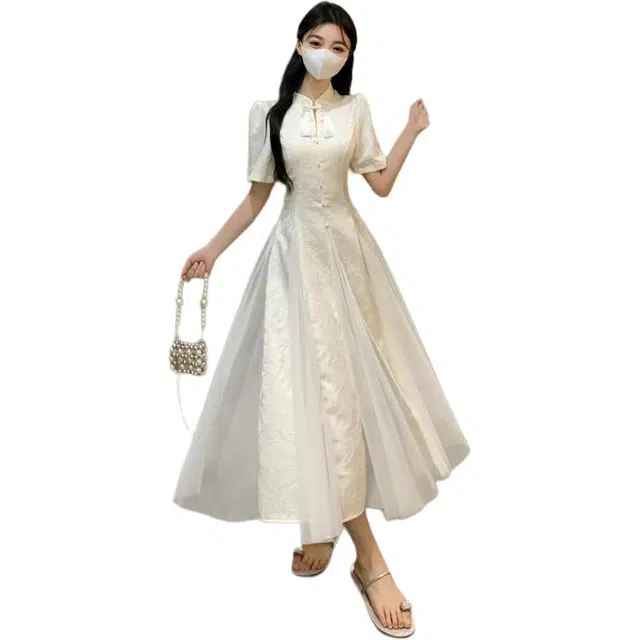 沐晓欣 新中式风重工网纱拼接旗袍轻熟设计感气质短袖连衣裙 女款