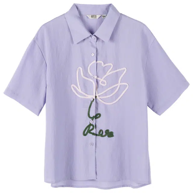 她池 翻领短款简约休闲衬衣文艺风宽松短袖衬衫 女款