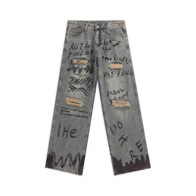 宝米卡 高品质夏季潮牌裤子宽松涂鸦直筒裤高街复古洗水破洞拖地裤牛仔裤 男女同款