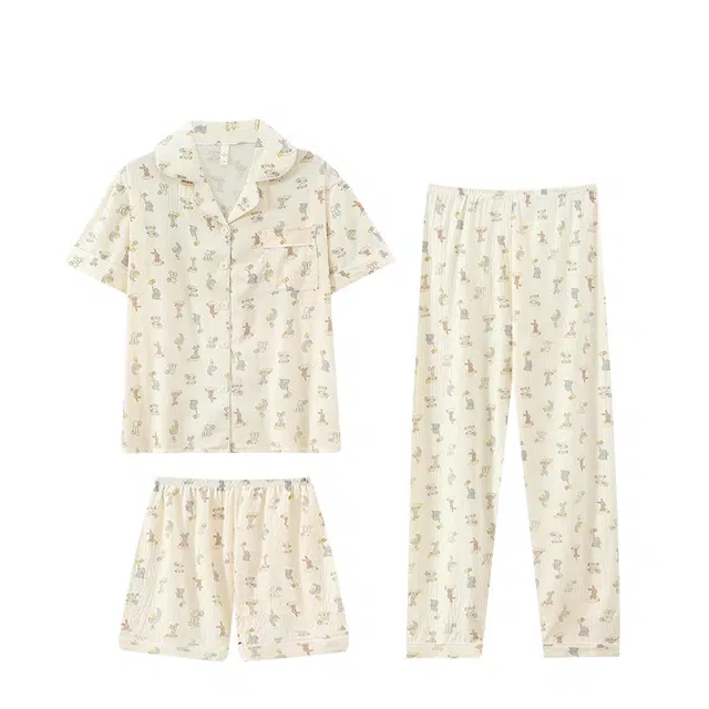 俏韵 翻领短袖三件套可爱兔子家居服可外穿睡衣套装 女款