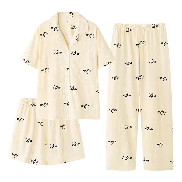 莫代尔 时尚气质百搭简洁翻领开衫舒适柔软细腻宽松显瘦个性短袖短裤长裤三件套家居服可外穿睡衣套装 女款