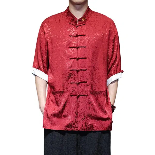 快鱼 中国风唐装缎面蟒纹提花高品质盘扣立领设计高质感短袖衬衫 男女同款