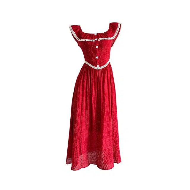 敲模女孩 法式纯欲风波点蕾丝拼接收腰设计感甜美度假风吊带连衣裙 女款