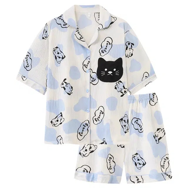 顶瓜瓜 短袖短裤翻领开衫可爱卡通小猫色块两件套家居服夏季睡衣套装 女款